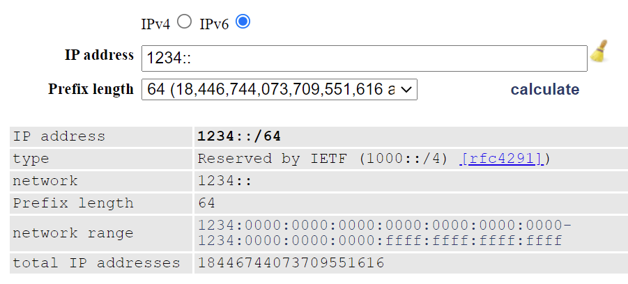 Screengrab of the GestioIP IPv6 subnet calculator. It displays a shortened address of "1234::", a prefix length of "64" with 18.4 quintillion available subnets, plus some additional supporting information. It looks fairly barebones, like an old web form from the 90s.